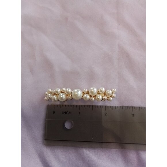 Elegant Faux Pearl Gold-Tone Barrette Vintage Hair Accessory - Picture 2 of 3